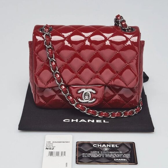 Chanel Dark Red Quilted Patent Leather Classic Square Mini Flap Bag - Picture 10 of 12